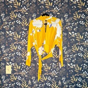 Free People Keyhole Neckline Tie Front Floral Yellow Women's Top Blouse Size S